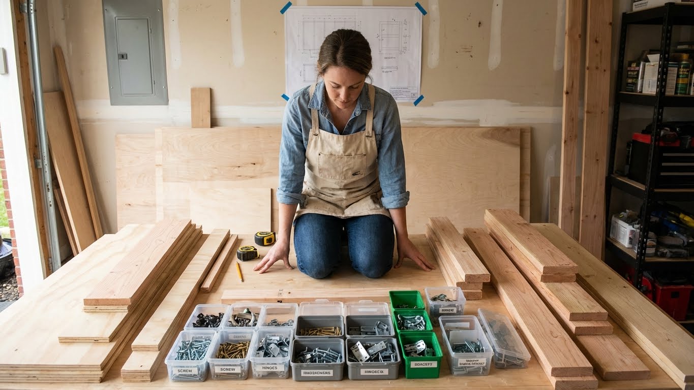 A organized workspace with labeled toolboxes and supplies