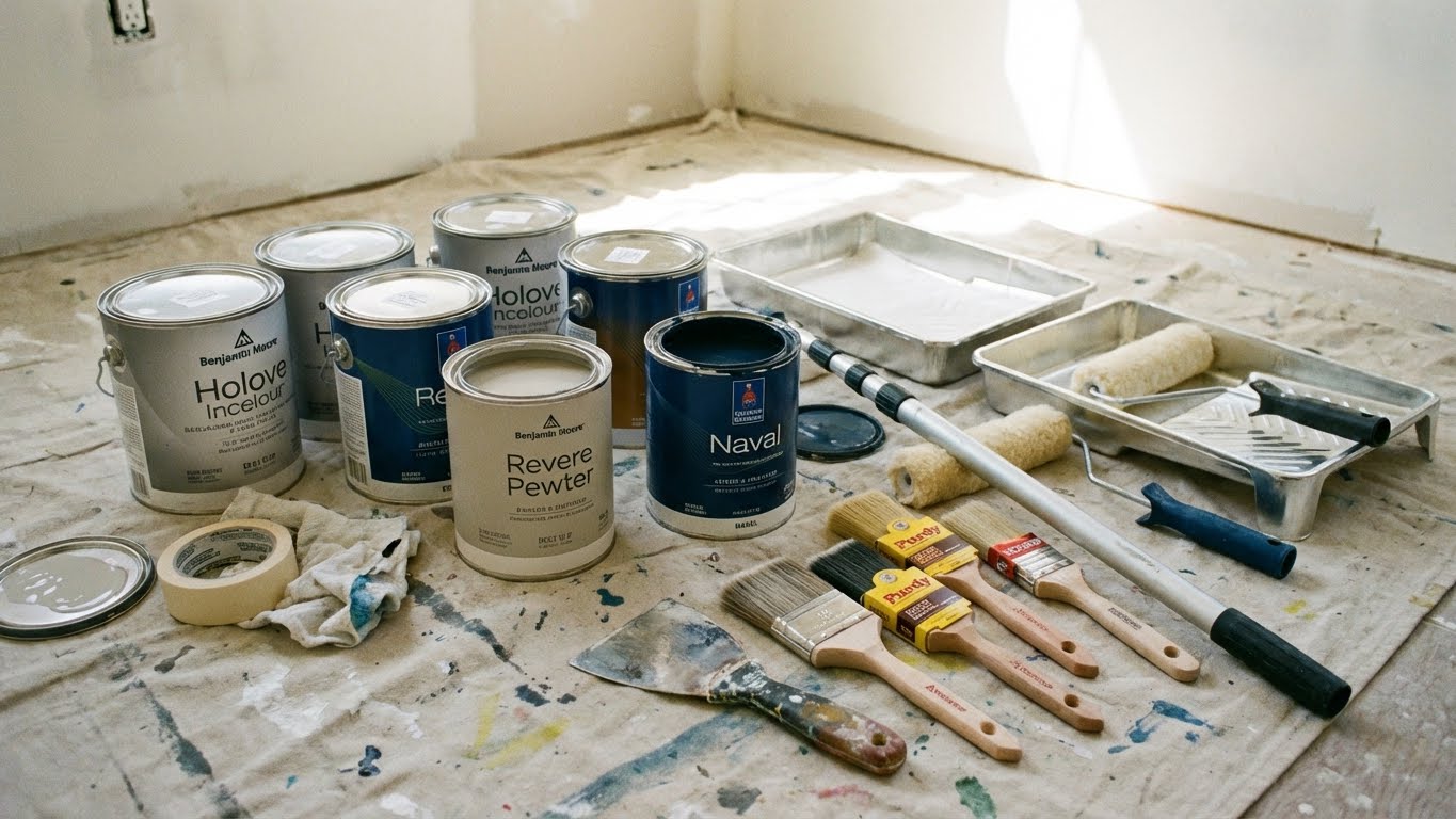 Room prepared for painting with furniture covered and tape applied