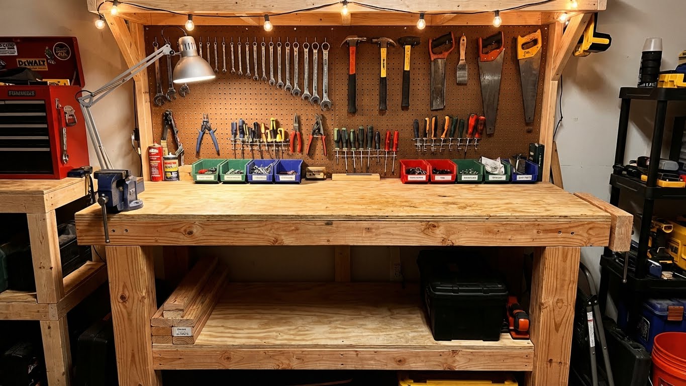 Completed sturdy DIY workbench in a home workshop